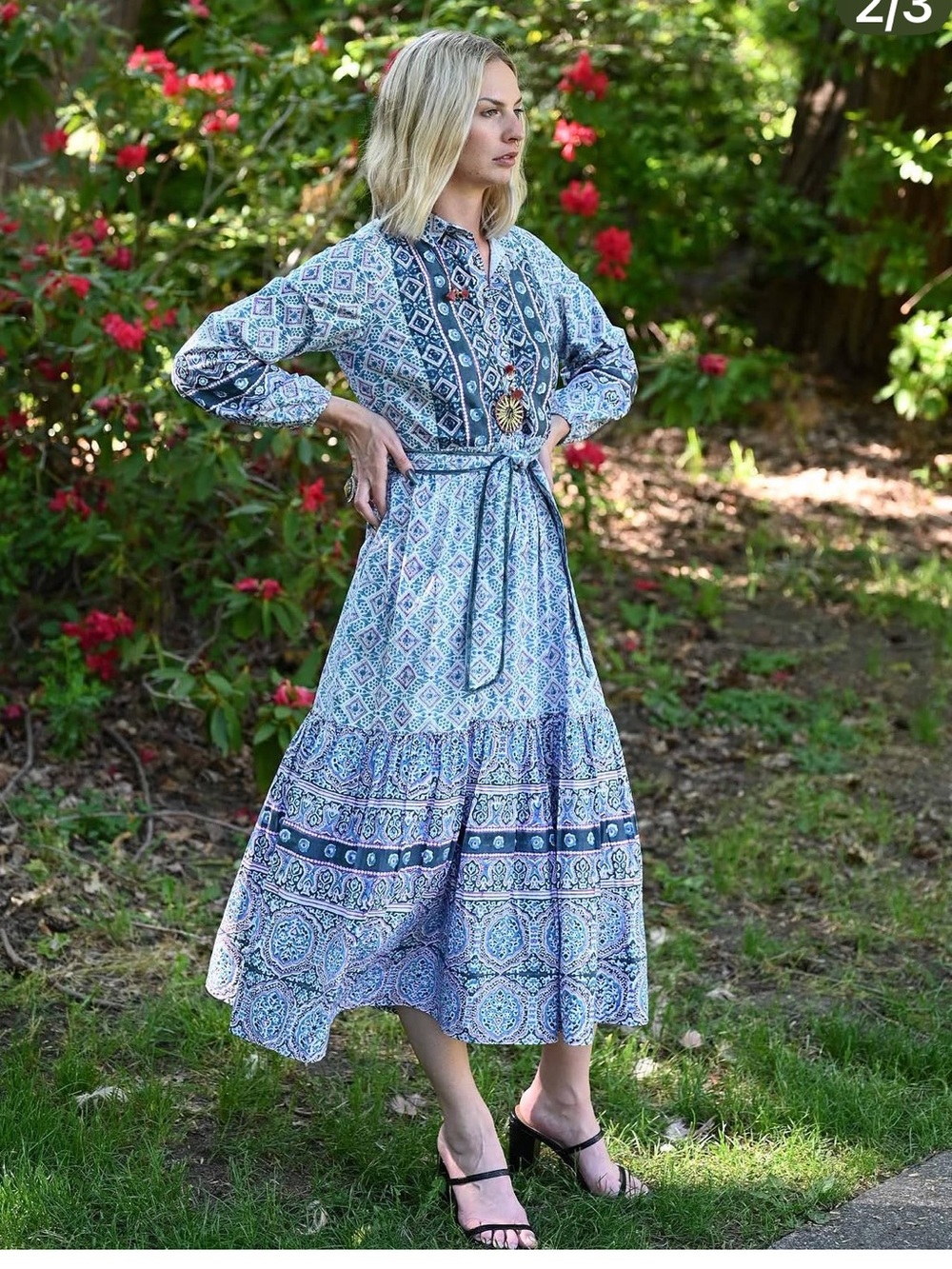 Sohana Gorgeous Elizabeth Long Sleeve Boho Maxi Dress in Teal and Purple S